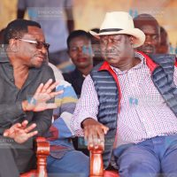 Nasa leader Raila Odinga chats with Siaya Senator James Orengo