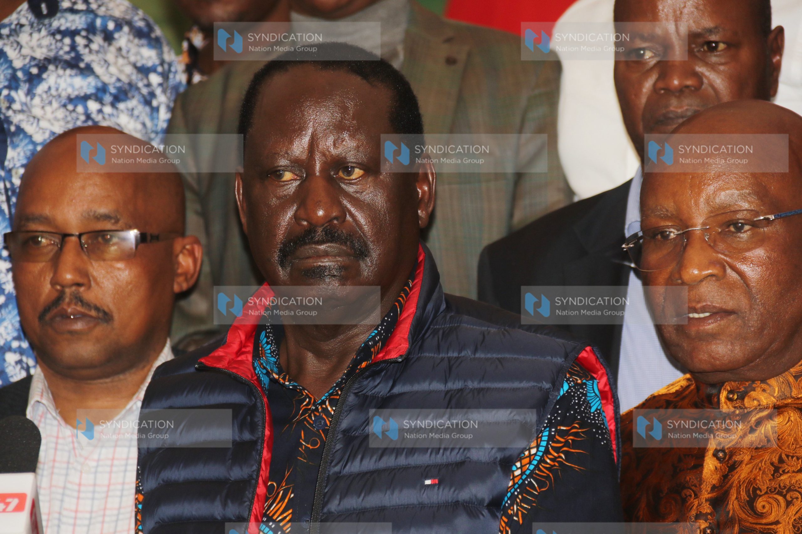 Azimio la Umoja leader Raila Odinga addressing the media