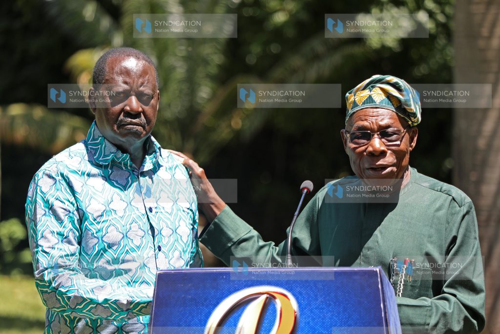 Raila Odinga (left) with Former Nigerian President Olusegun Obasanjo