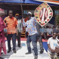 Azimio Presidential Candidate Raila Odinga when he was installed as a warrior at a campaign rally