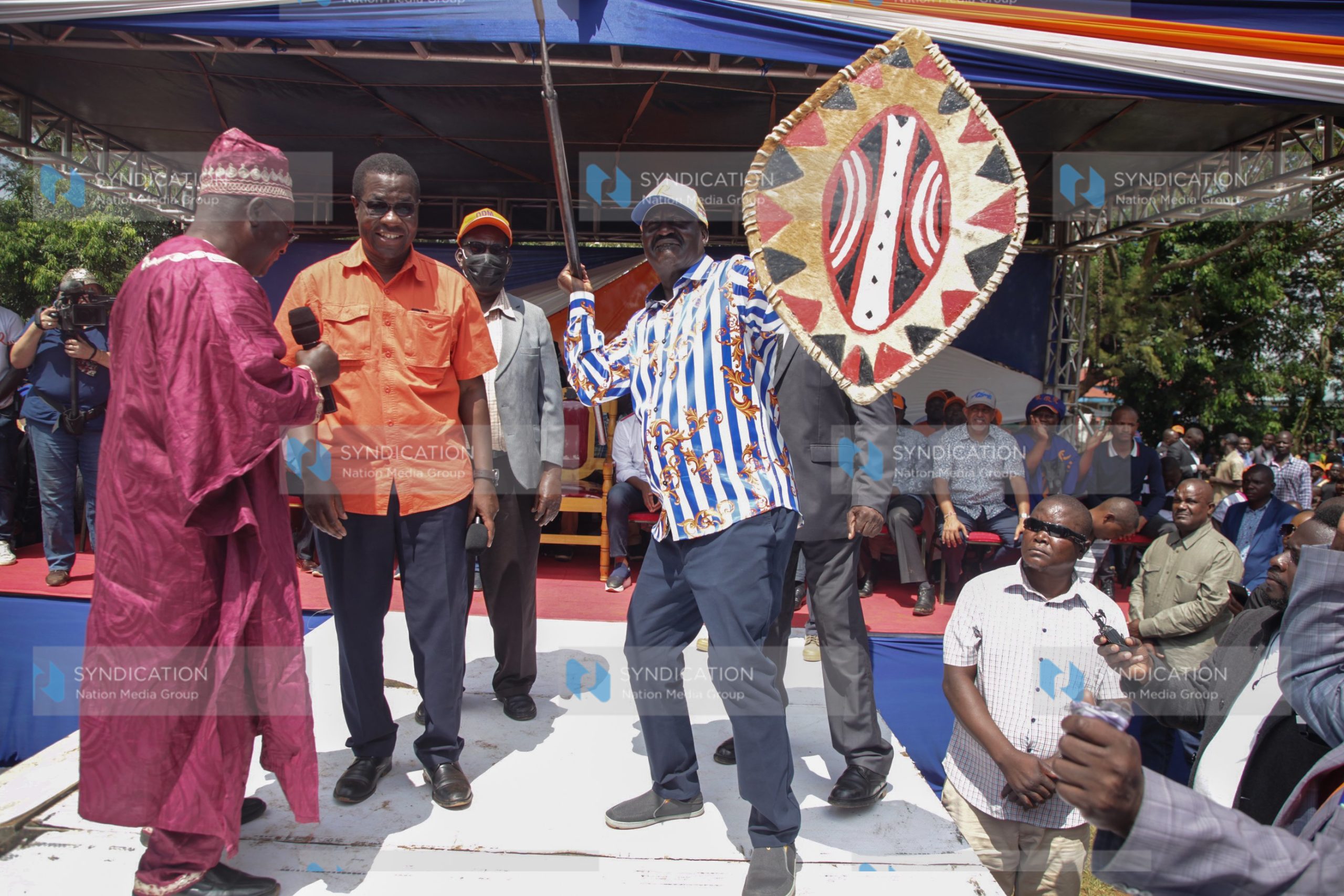 Azimio Presidential Candidate Raila Odinga when he was installed as a warrior at a campaign rally