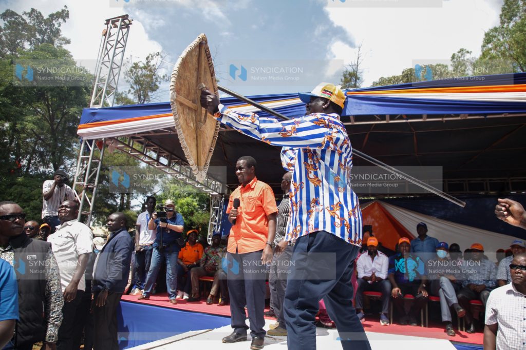 Azimio Presidential Candidate Raila Odinga when he was installed as a warrior at a campaign rally