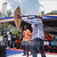 Azimio Presidential Candidate Raila Odinga when he was installed as a warrior at a campaign rally