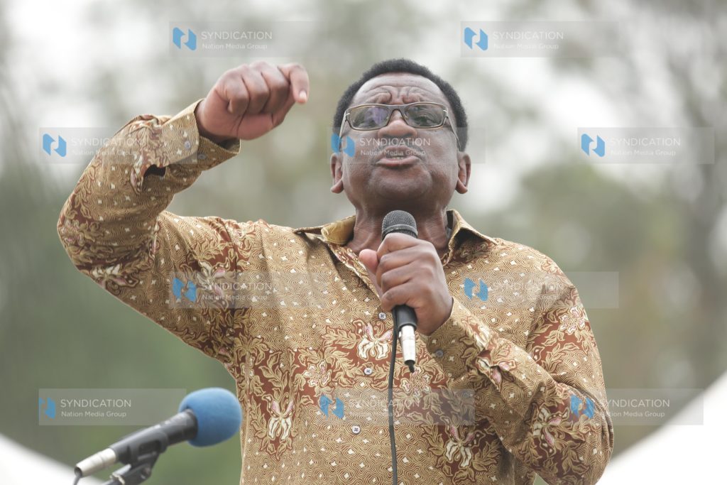 Siaya Senator James Orengo addresses mourners at a funeral service