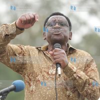 Siaya Senator James Orengo addresses mourners at a funeral service