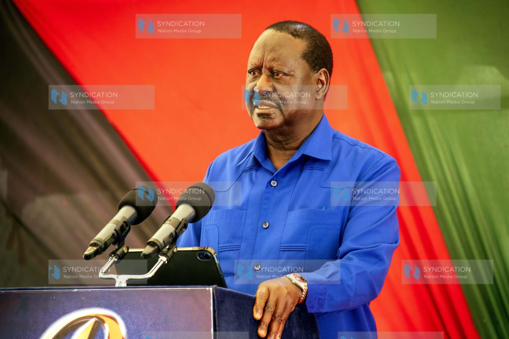 Azimio la Umoja Coalition leader Raila Odinga addressing media