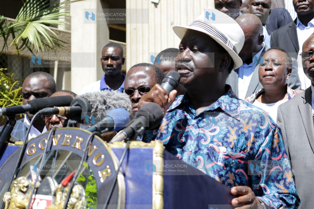 NASA leader Raila Odinga addresses journalists during a press briefing