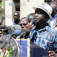 NASA leader Raila Odinga addresses journalists during a press briefing