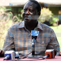 Opposition leader Raila Odinga addresses a press conference at Kiboko Bay