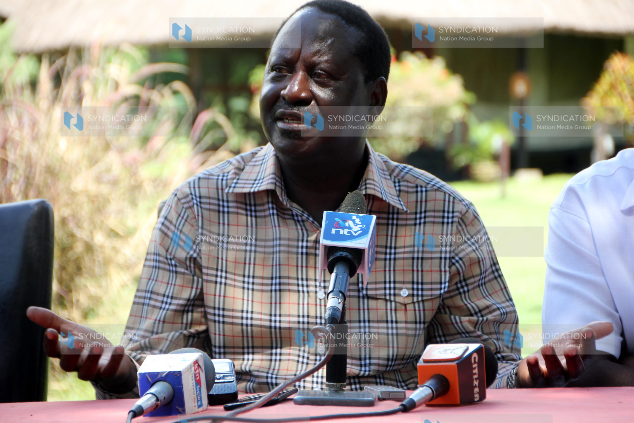 Opposition leader Raila Odinga addresses a press conference at Kiboko Bay