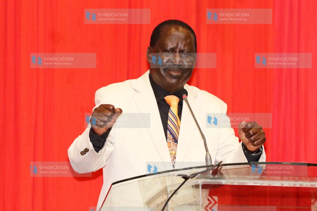 Raila Odinga addresses delegates at Safari Park Hotel