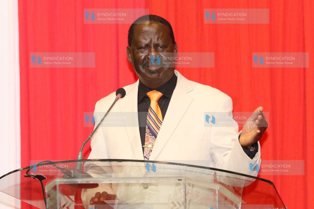 Raila Odinga address delegates at Safari Park Hotel