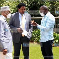 Elgeyo Marakwet Senator Kipchumba Murkomen chats with Narok Senator Ledama Ole Kina and Mandera Senator Mohamed Mohamud