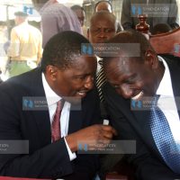 Deputy President William Ruto Cabinet Secretary Devolution and Planning Mwangi Kiunjuri flanked by Kieni MP Kanini Kega