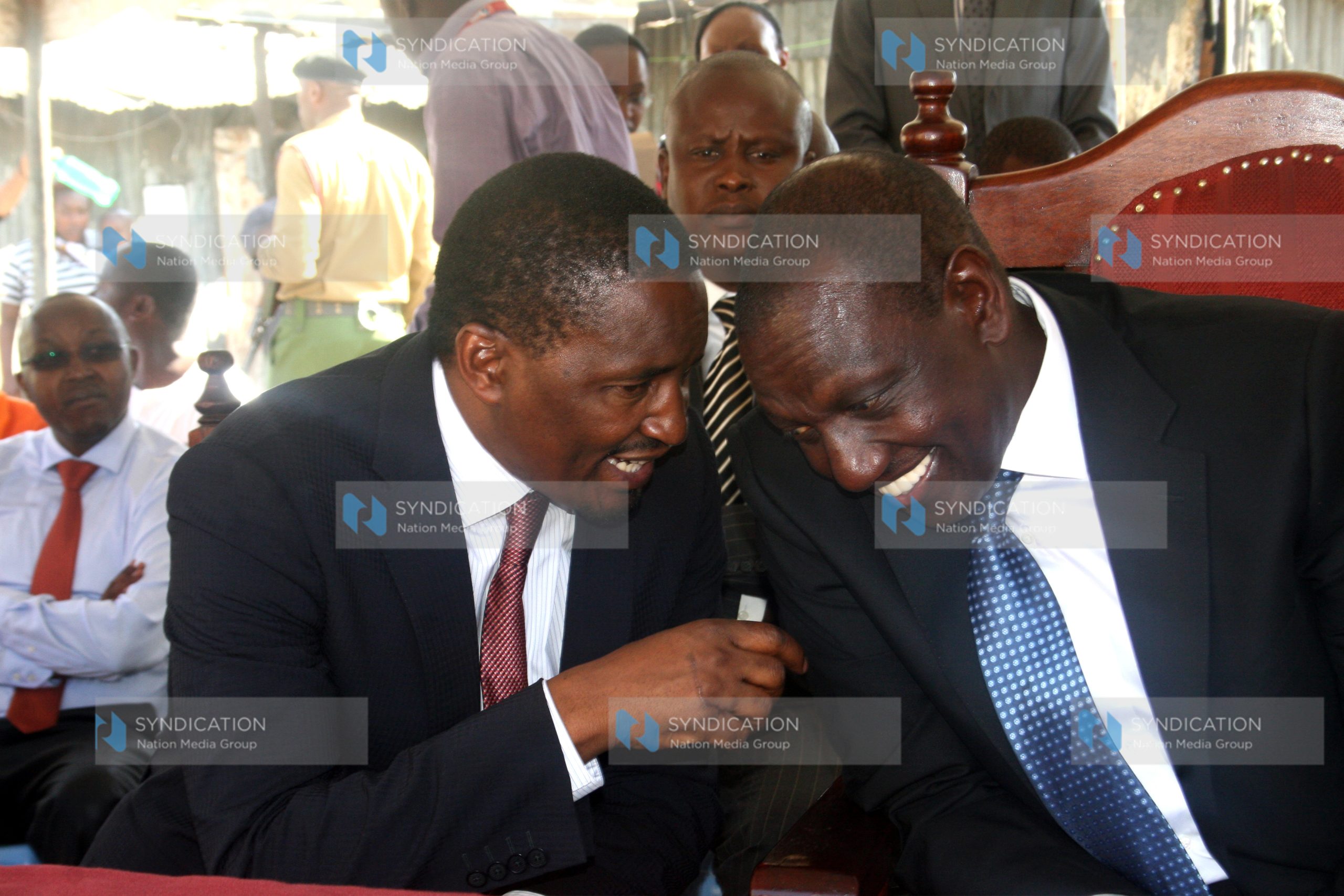 Deputy President William Ruto Cabinet Secretary Devolution and Planning Mwangi Kiunjuri flanked by Kieni MP Kanini Kega