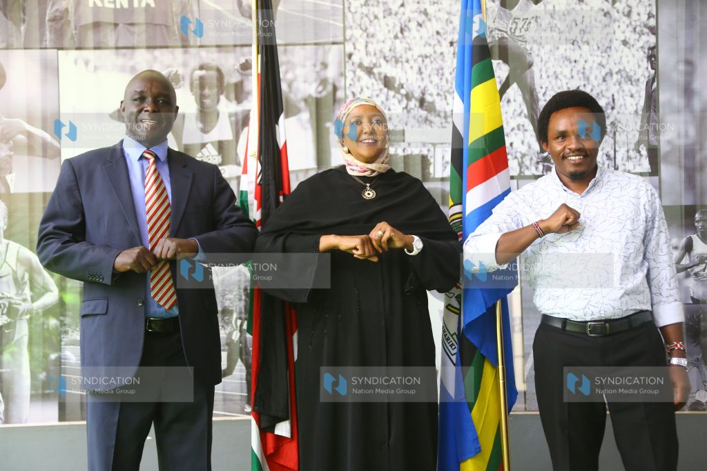 Amb. Dr. Amina Mohamed Cabinet Secretary for Sports, Culture and Heritage, with CAS's Zack Kinuthia and Simon Kachapin