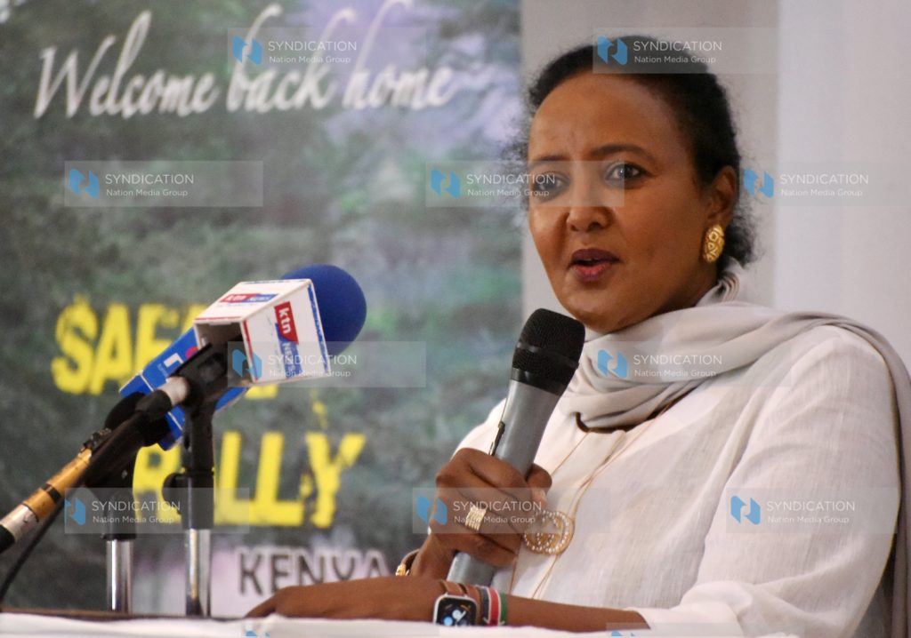 Sports Cabinet Secretary Amina Mohamed addressing during the closing ceremony for WRC Safari Rally Staff Conference