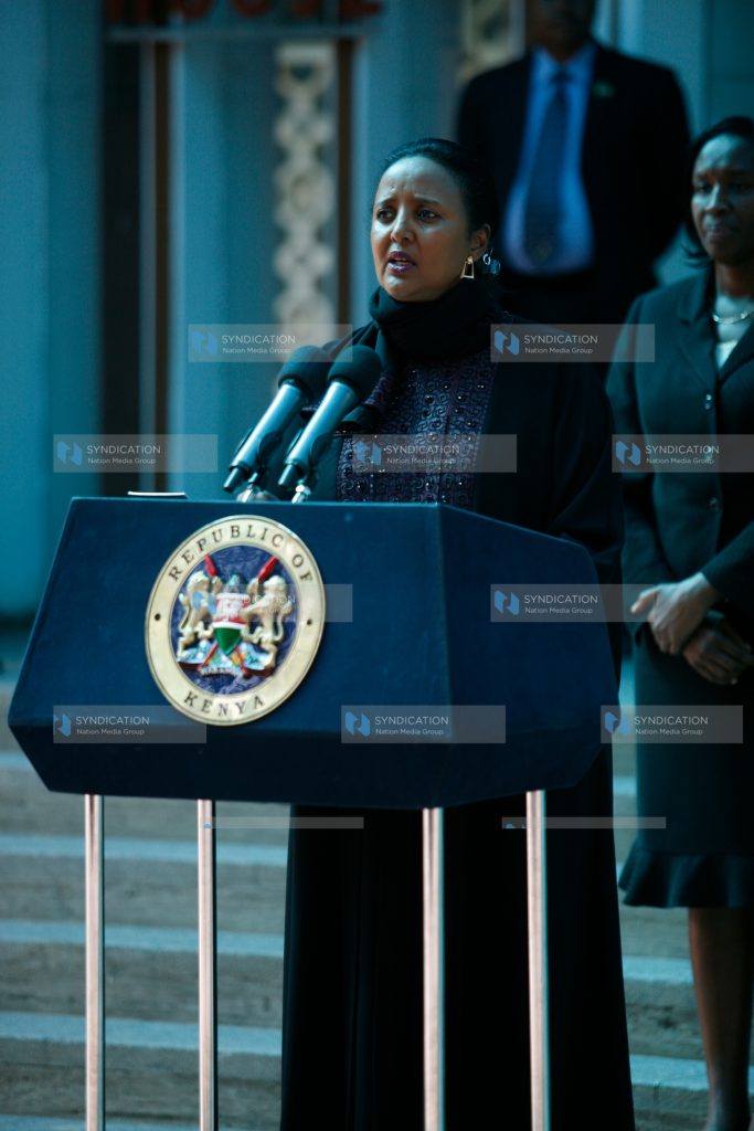 Foreign Affairs and International Trade Cabinet Secretary Amina Mohamed address journalists outside Harambee House