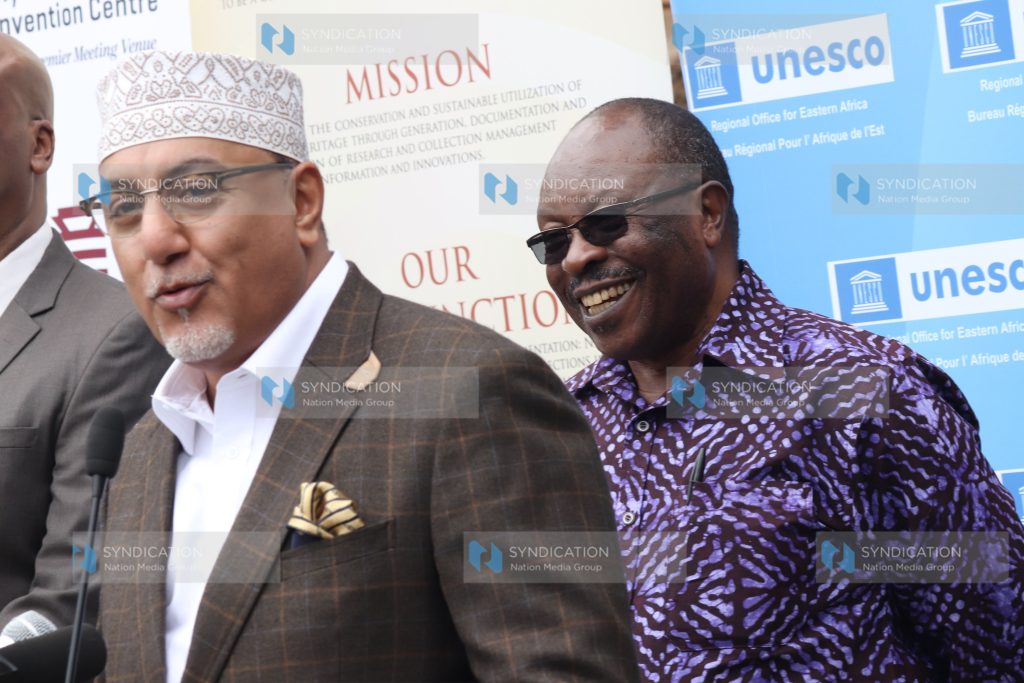 Tourism & Wildlife Cabinet Secretary Najib Balala with Swahili scholar Prof Kimani Njogu