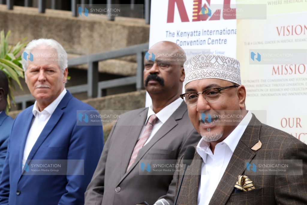 Tourism and Wildlife Cabinet Secretary Najib Balala with UNESCO Regional Director for Eastern Africa and Representative to Kenya Prof Hubert Gijzen, Nairobi Metropolitan Services (NMS) Director General Mohammed Badi