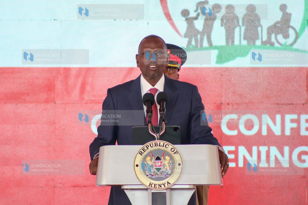 President William Ruto speaks during the official opening of the 2023 Social Protection conference at Kenya School of Government (KSG)