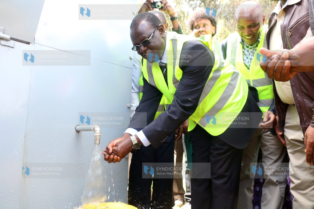 Meru Governor Kiraitu Murungi and his Deputy Titus Ntuchiu commission the solar powered Kibirichia borehole