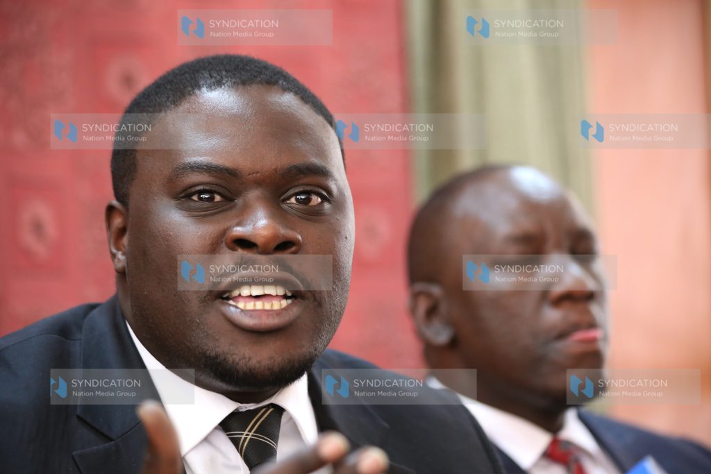 TNA Chairperson Johnson Sakaja flanked by Kajiado West MP Moses Ole Sakuda