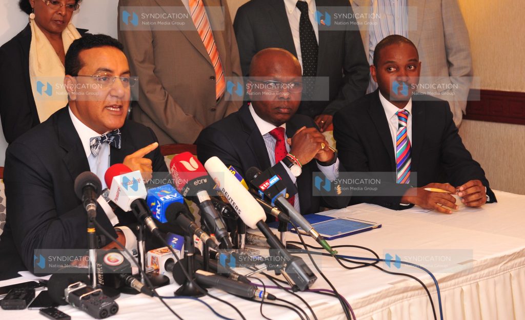 Tourism Minister CS Najib Balala, Kenya Tourism Board Chairman Jimi Kariuki and Kenya Hotel Keepers and Caterers CEO Mike Macharia