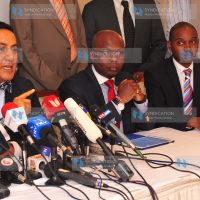 Tourism Minister CS Najib Balala, Kenya Tourism Board Chairman Jimi Kariuki and Kenya Hotel Keepers and Caterers CEO Mike Macharia