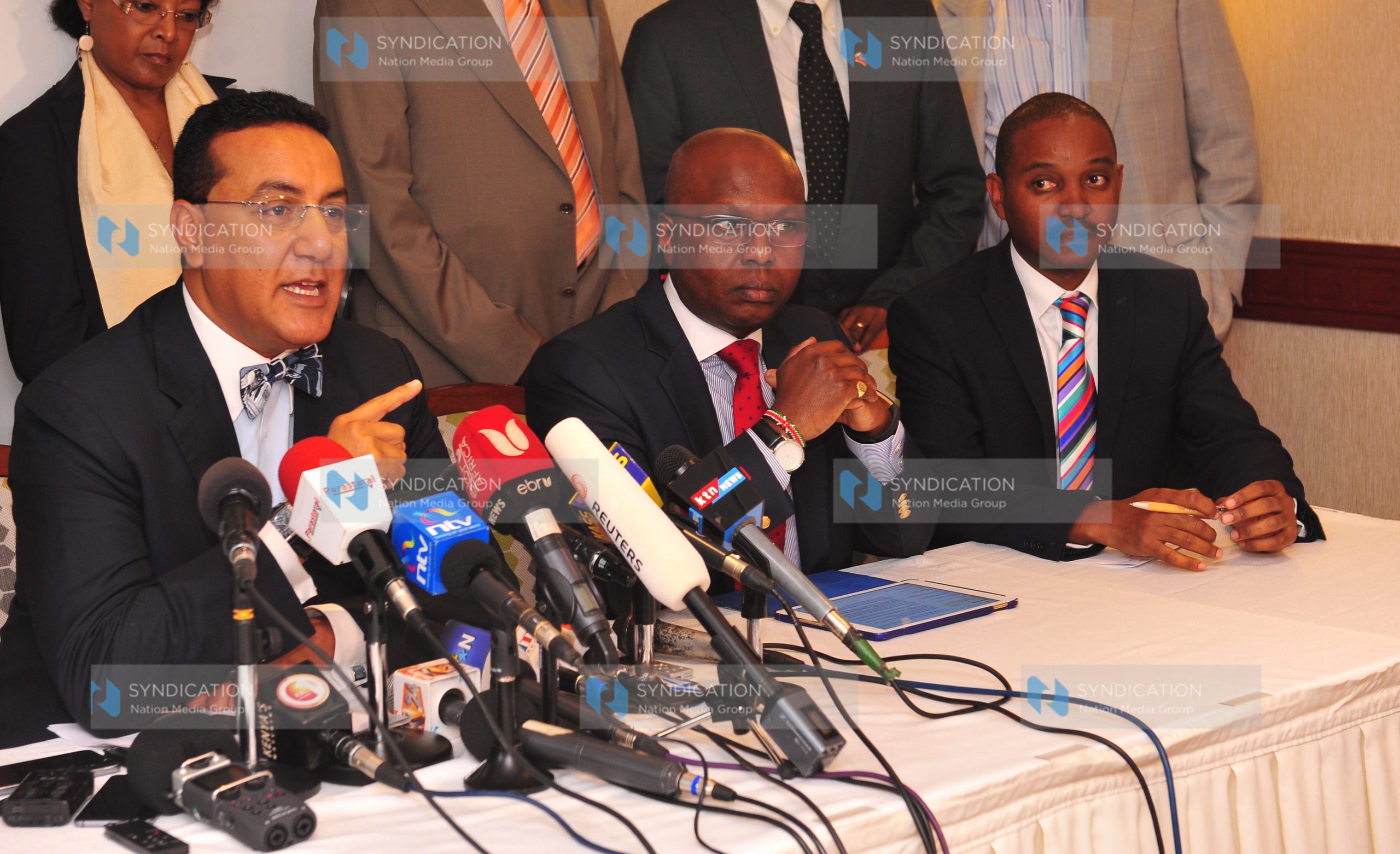 Tourism Minister CS Najib Balala, Kenya Tourism Board Chairman Jimi Kariuki and Kenya Hotel Keepers and Caterers CEO Mike Macharia