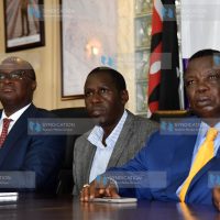 COTU Secretary General Francis Atwoli, Kenya Aviation Workers Union Secretary General Moss Ndiema and Transport Cabinet Secretary James Macharia