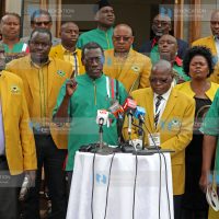 Teachers' union officials led by KNUT Secretary General Collins Oyuu and KUPPET Secretary General Akello Misori