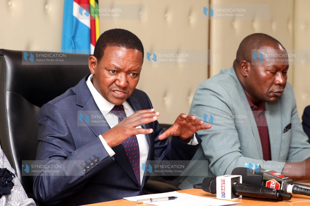 Tourism and Wildlife Cabinet Secretary Dr. Alfred Mutua addressing journalists