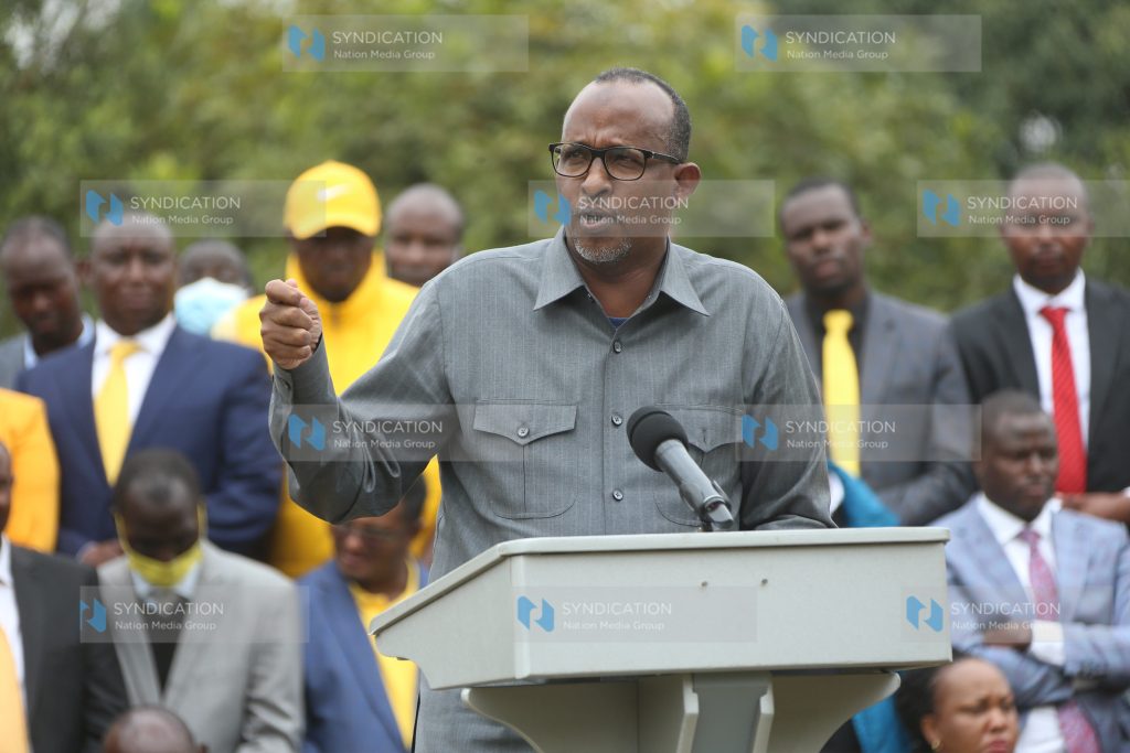 Garissa Town MP Aden Duale speaks in a presser at DP Ruto's Karen Residents