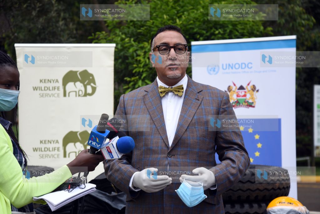 Wildlife and Tourism Cabinet Secretary Najib Balala speak during a handover ceremony