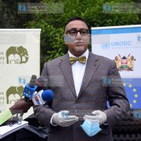 Wildlife and Tourism Cabinet Secretary Najib Balala speak during a handover ceremony