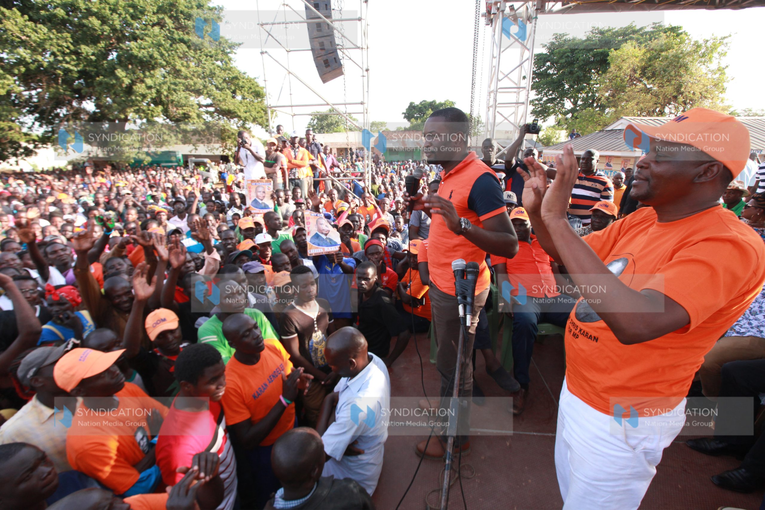 ODM Sec Gen Edwin Sifuna and ODM candidate in Ugenya Chris Karana address ODM supporters
