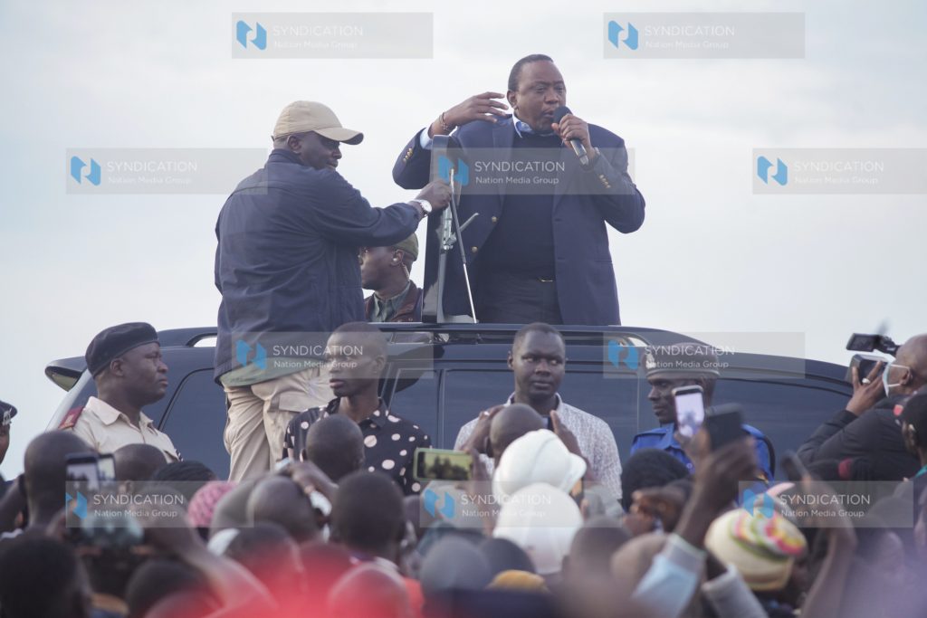 President Uhuru Kenyatta gives an address at Muhoroni where he went to commission Oroba bridge