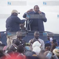 President Uhuru Kenyatta gives an address at Muhoroni where he went to commission Oroba bridge
