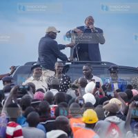 President Uhuru Kenyatta gives an address at Muhoroni where he went to commission Oroba bridge