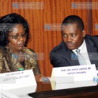 Speaker of the National Assembly and chairman of the vetting committee Justin Muturi, chats with Deputy Speaker Joyce Laboso