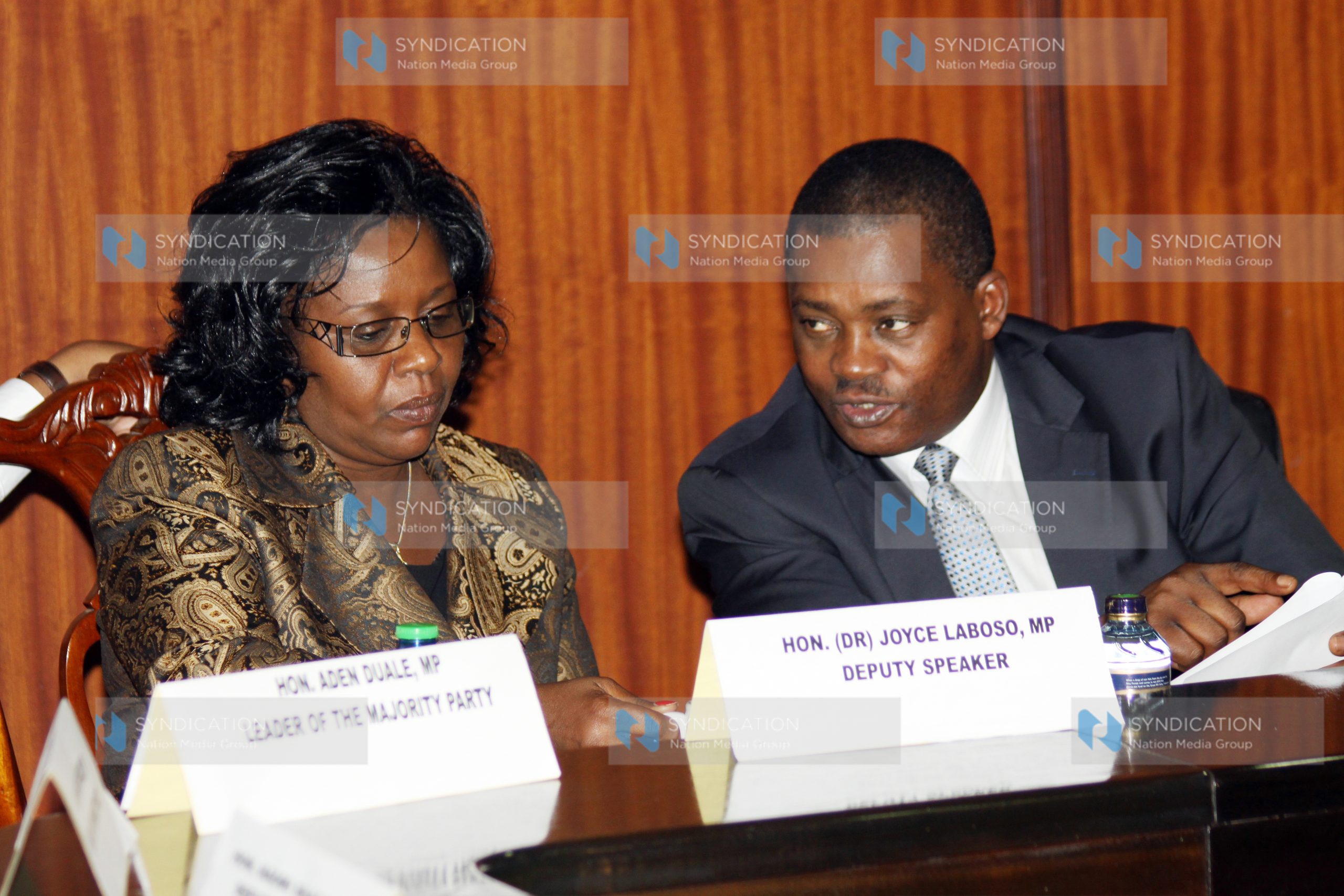 Speaker of the National Assembly and chairman of the vetting committee Justin Muturi, chats with Deputy Speaker Joyce Laboso