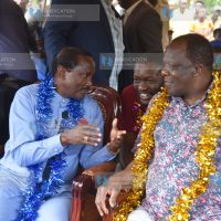 Wiper leader Kalonzo Musyoka converse with ODM secretary general Edwin Sifuna and ODM deputy party leader Wycliffe Oparanya