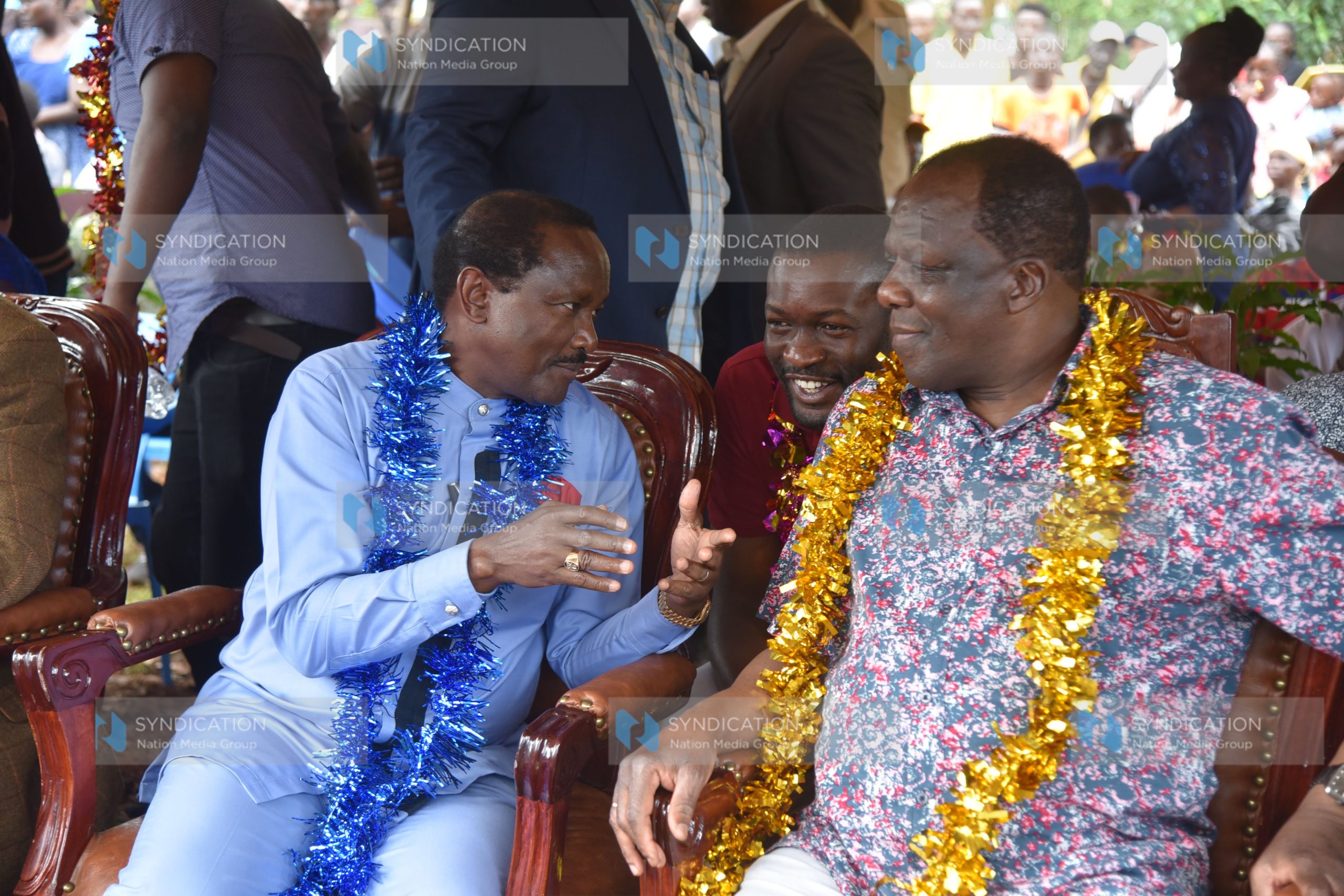 Wiper leader Kalonzo Musyoka converse with ODM secretary general Edwin Sifuna and ODM deputy party leader Wycliffe Oparanya
