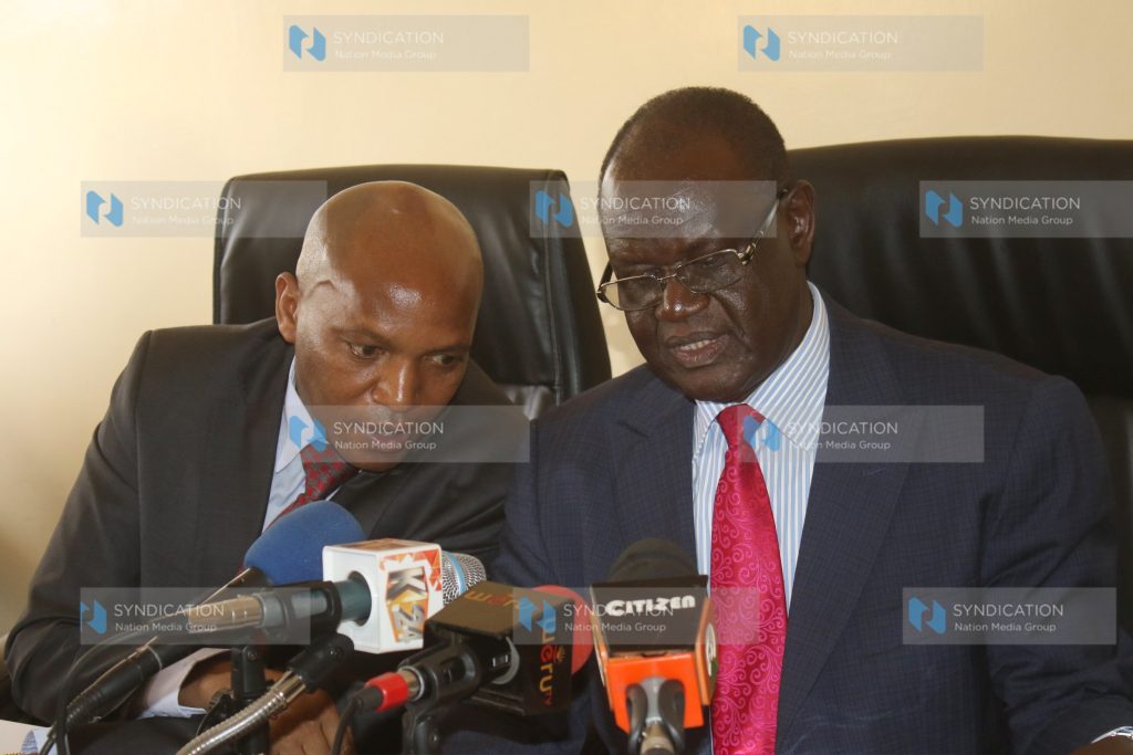Meru Governor Kiraitu Murungi confers with his Deputy who is also the Finance CEC Titus Ntuchiu