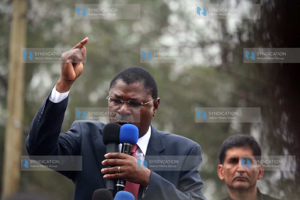 Bungoma Senator Moses Wetangula addresses supporters outside the Milimani Law Courts