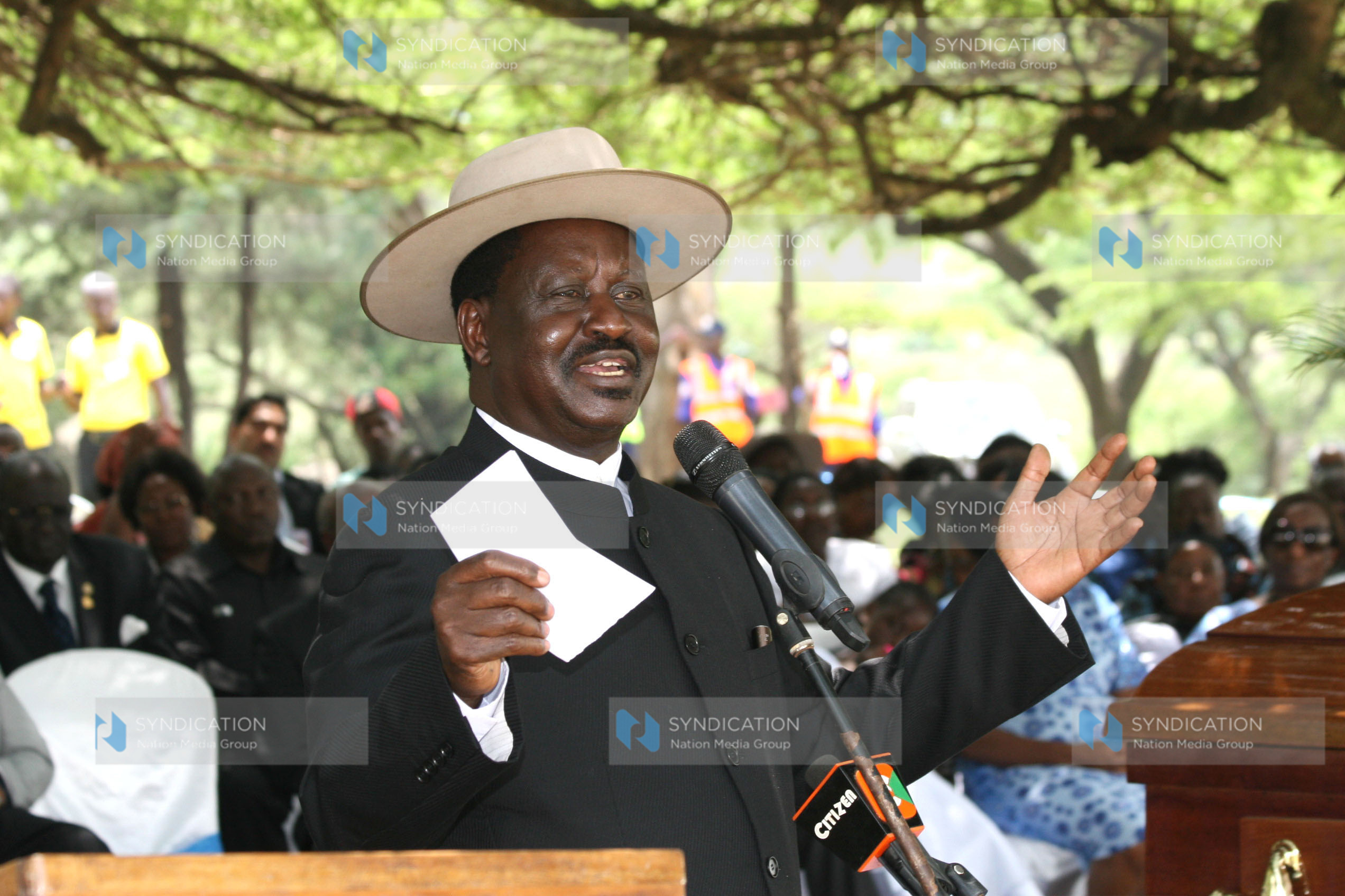 Former Prime Minister Raila Odinga addresses mourners