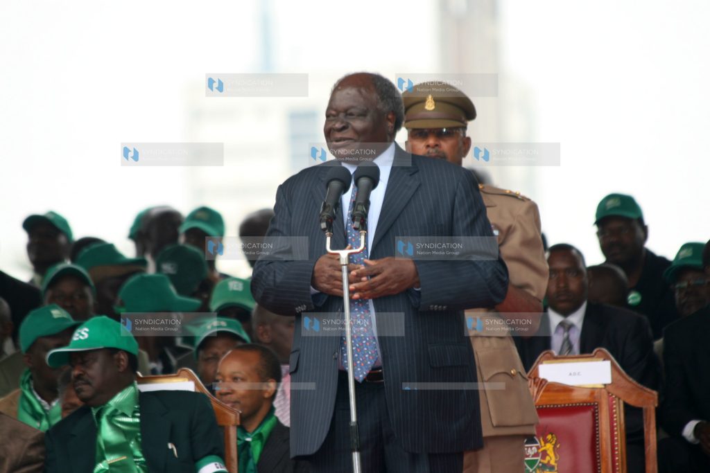 President Mwai Kibaki addresses supporters during the Yes rally
