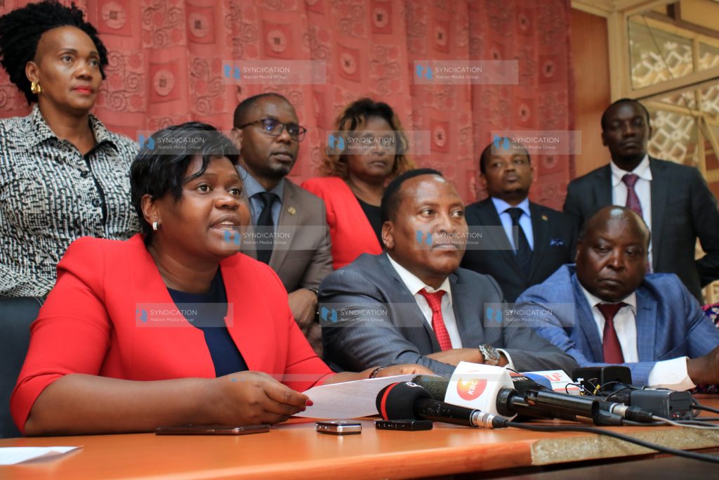 Gladys Wanga [L] address the media at parliament buildings