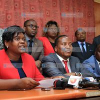 Gladys Wanga [L] address the media at parliament buildings